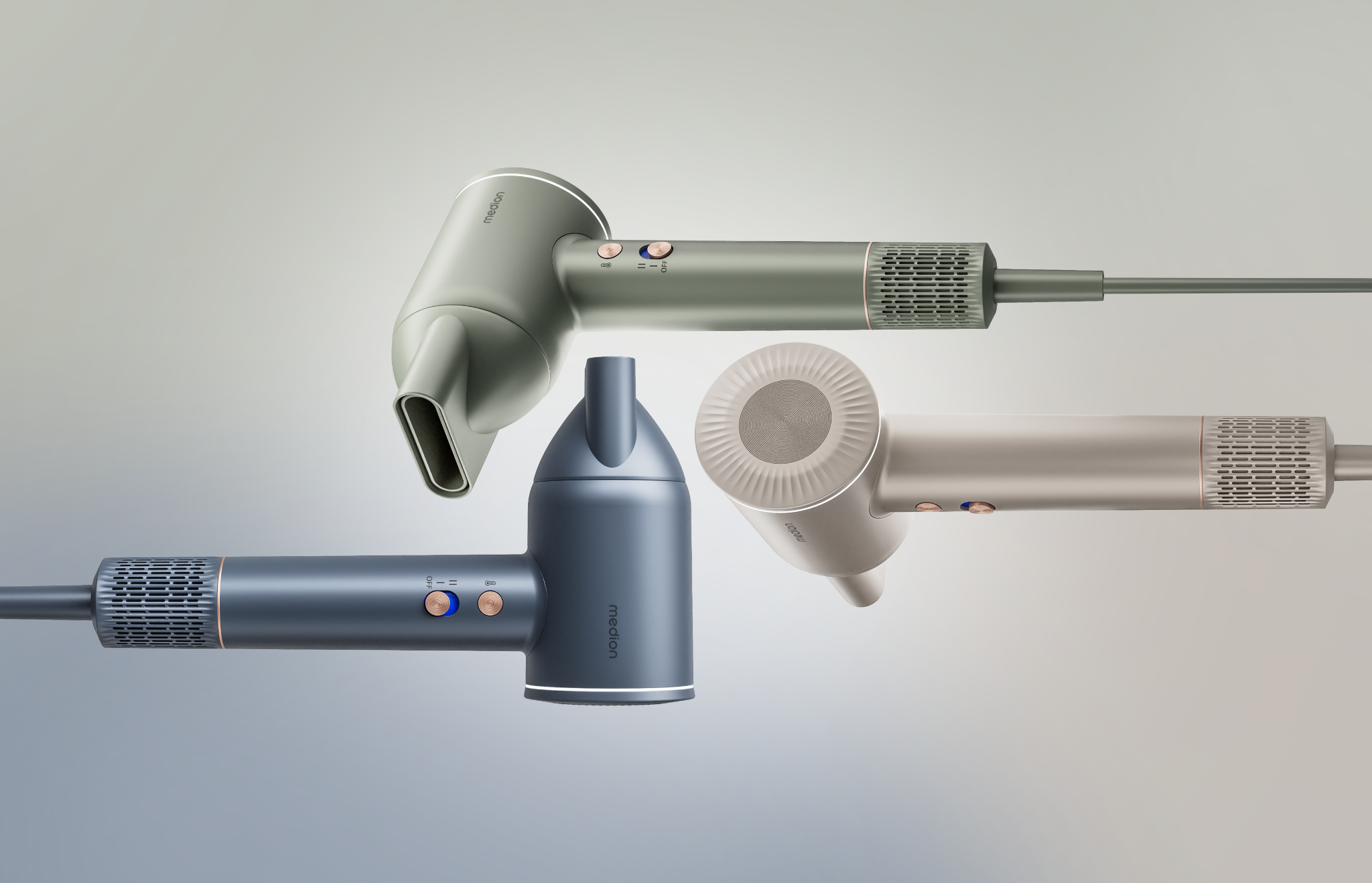Three MEDION hairdryer colour studies in blue, green and pale metallic finishes