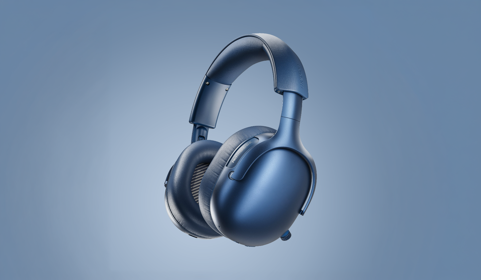 Detailed blue MEDION headphone rendering on a coordinated blue background