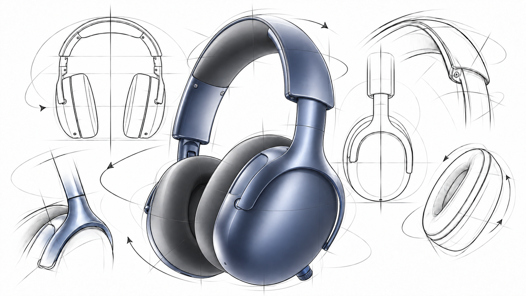 Blue over-ear headphone concept surrounded by exploratory pencil sketches