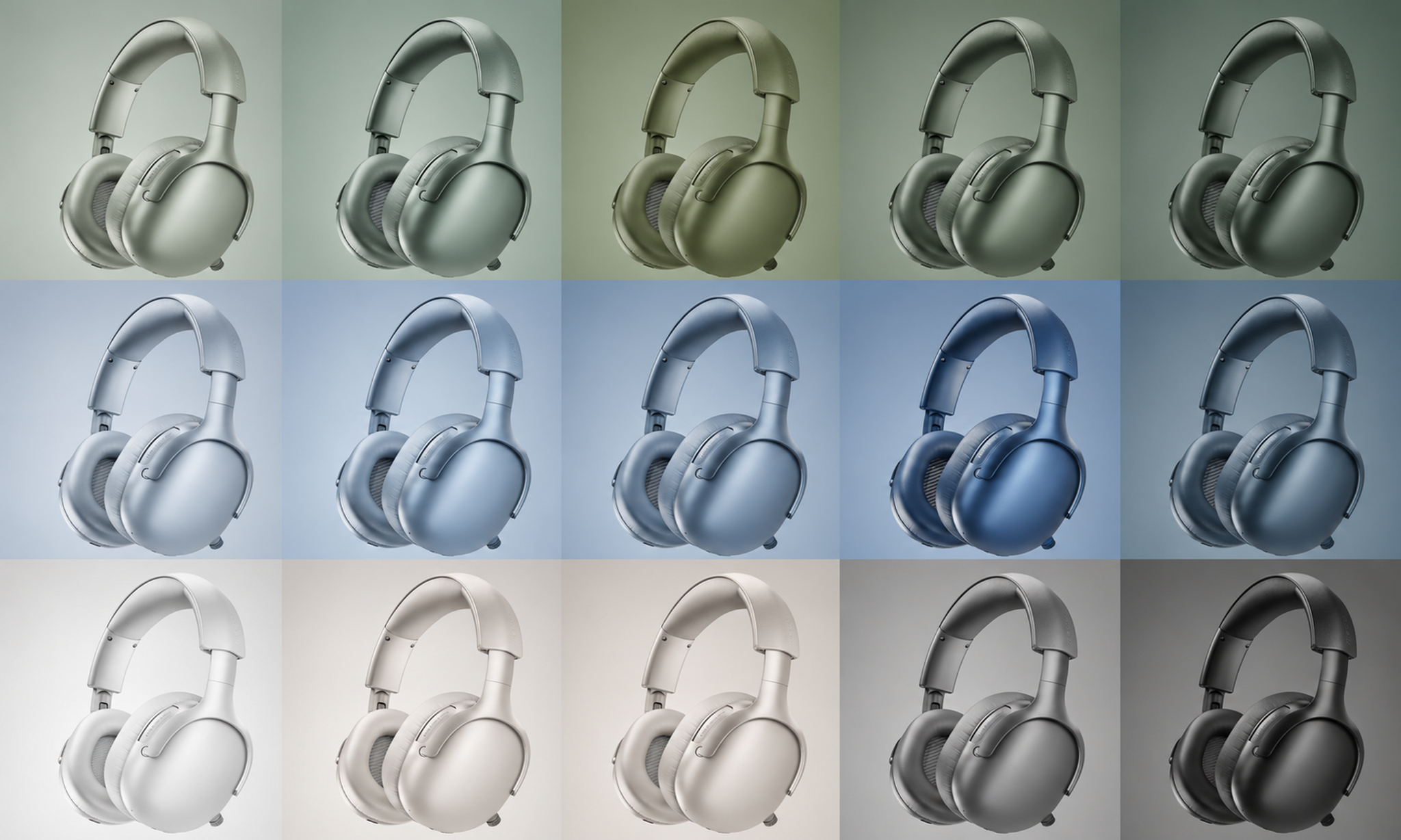 Fifteen headphone colour variations arranged in green, blue and neutral rows